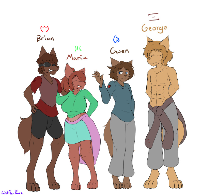 2019 4_toes 5_fingers abs anthro barefoot biped bottomwear brian_flameforger brown_fur brown_hair canid canine canis clothed clothing digital_media_(artwork) digitigrade eyebrows eyes_closed eyewear female fingers fur george_pendel gesture gwen_ambler hair happy hi_res humanoid_hands long_hair male mammal maria_lys pants shirt simple_background smile standing sunglasses toes topless topwear waving what_the_hart_wants white_background wolf wolfie-pawz