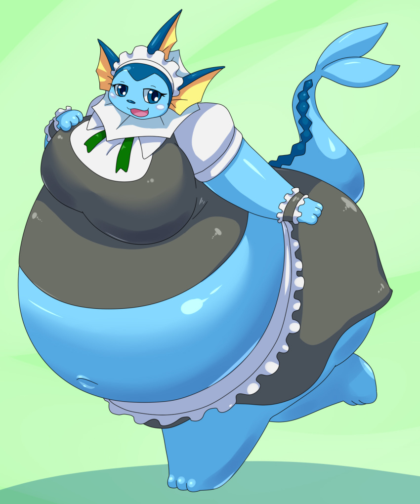 2019 anthro anthrofied blush clothed clothing dlrowdog eeveelution female hi_res looking_at_viewer maid_uniform midriff navel nintendo overweight pok&eacute;mon pok&eacute;mon_(species) solo thick_thighs uniform vaporeon video_games