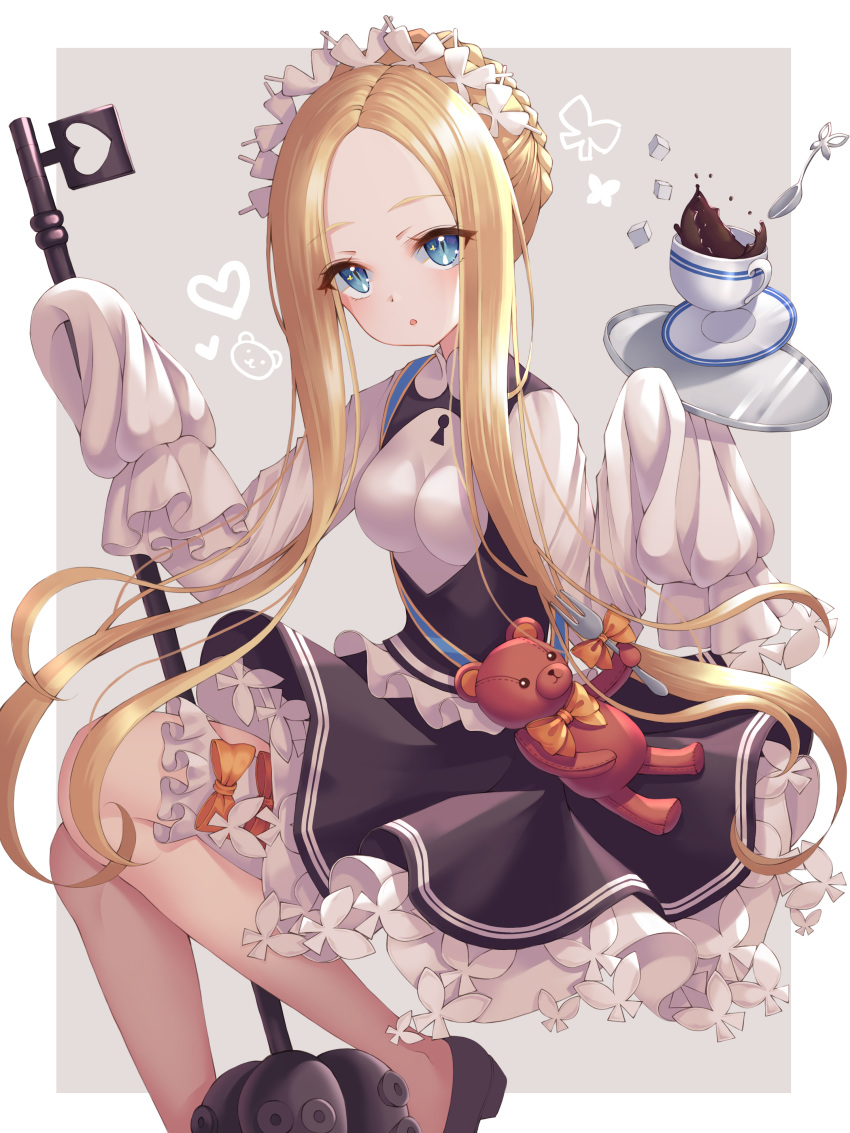 1girl abigail_williams_(fate/grand_order) absurdres bangs black_skirt blonde_hair blue_eyes blush border breasts cup dress fate/grand_order fate_(series) forehead grey_background heroic_spirit_festival_outfit highres keyhole long_hair long_sleeves looking_at_viewer mop nowsicaa open_mouth parted_bangs sash saucer simple_background skirt sleeves_past_fingers sleeves_past_wrists small_breasts solo stuffed_animal stuffed_toy teacup teddy_bear tray white_bloomers white_border white_dress