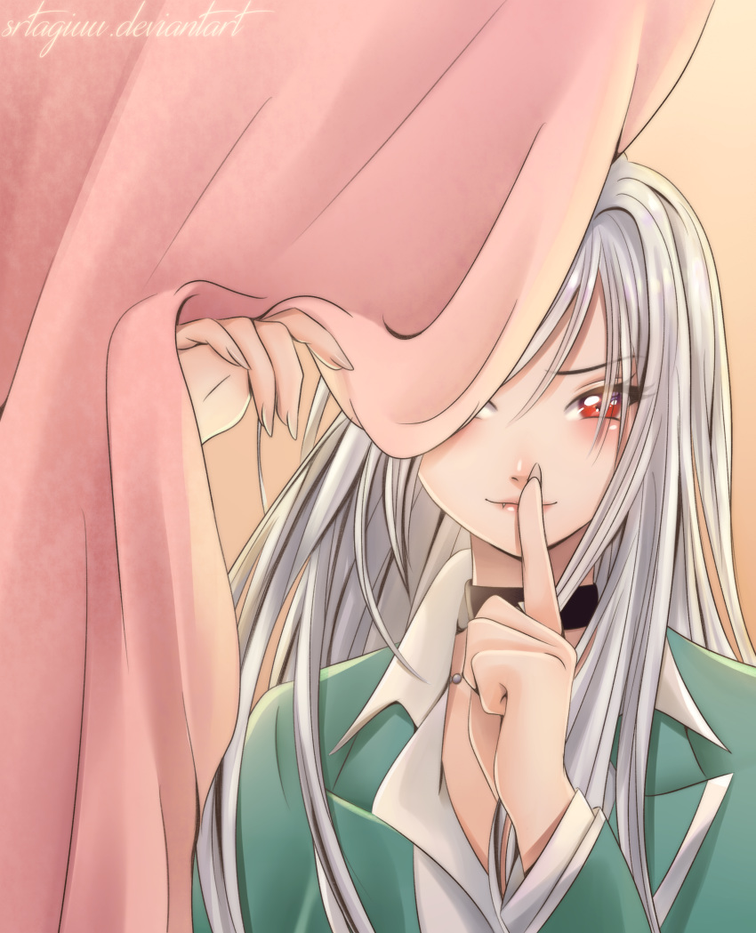 1girl absurdres akashiya_moka blush collar curtains fang finger_to_mouth fingernails highres index_finger_raised inner_moka long_fingernails long_hair looking_at_viewer open_collar red_eyes rosario+vampire school_uniform silver_hair smile solo srtagiuu vampire very_long_hair