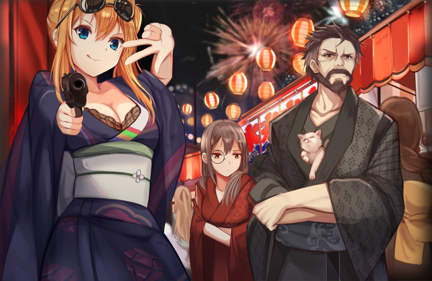 1boy 2girls aiming_at_viewer b_b_b_b66 beard berezovich_kryuger_(girls_frontline) black_hair blue_eyes breasts cat cleavage eyewear_on_head facial_hair fireworks girls_frontline grey_hair gun handgun helianthus_(girls_frontline) highres japanese_clothes kalina_(girls_frontline) kimono monocle multiple_girls orange_hair red_eyes stall summer_festival sunglasses v weapon yukata