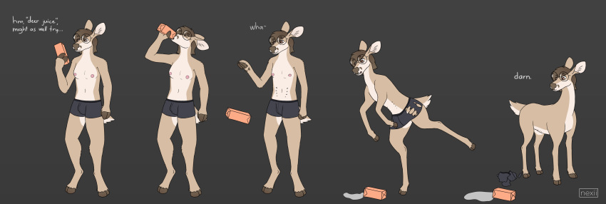 2019 absurd_res anthro anthro_to_feral belly_nipples beverage breasts brown_fur brown_hair bulge cervid clothing cloven_hooves eyewear feral feral_transformation fur glasses gynomorph hair hi_res hooves intersex long_hair mammal mi_(nexii) multi_nipple nexii nipples nude short_tail simple_background small_breasts solo standing text torn_clothing transformation transformation_sequence underwear