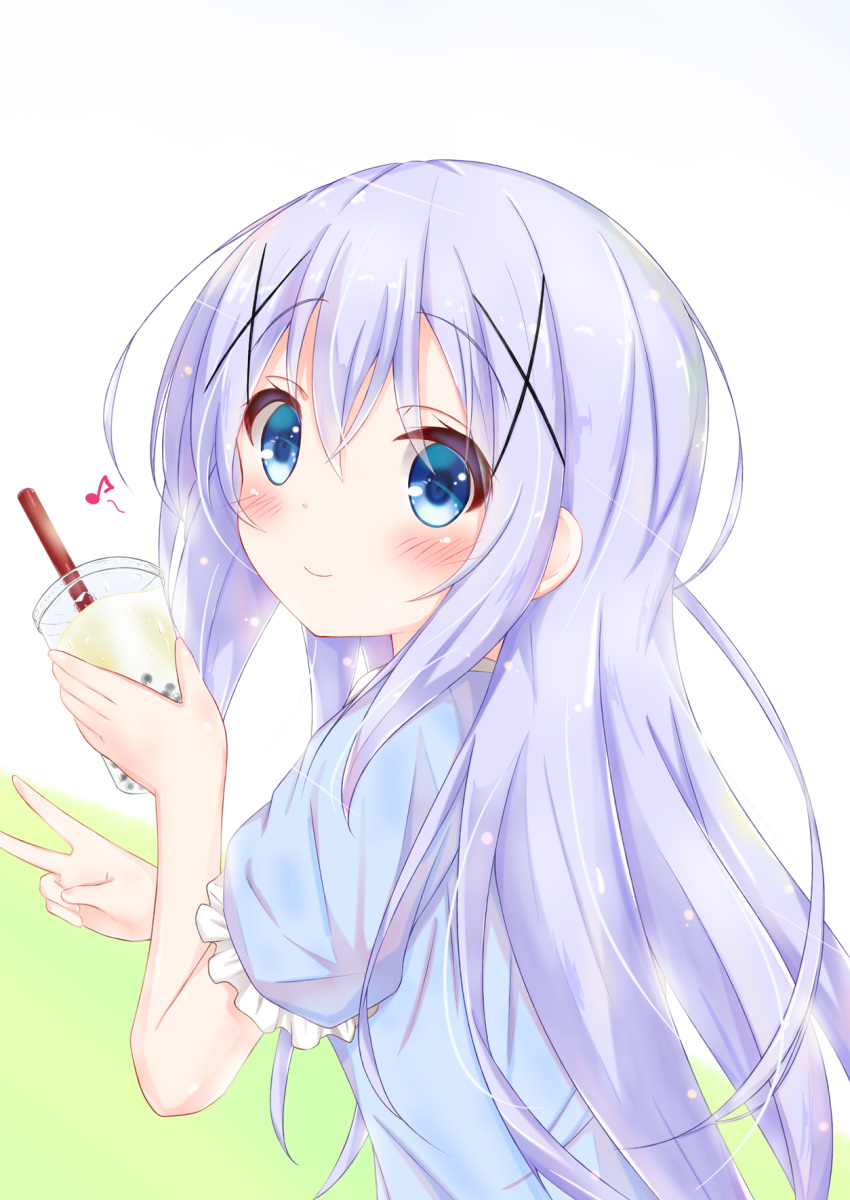 1girl arms_up backlighting blue_eyes blue_hair blue_shirt blush bubble_tea commentary_request cup disposable_cup drinking_straw eighth_note eyebrows_visible_through_hair frilled_sleeves frills gochuumon_wa_usagi_desu_ka? hair_between_eyes hair_ornament highres holding holding_cup kafuu_chino long_hair looking_at_viewer looking_back mafu_makura musical_note shirt short_sleeves smile solo standing two-tone_background upper_body v very_long_hair x_hair_ornament