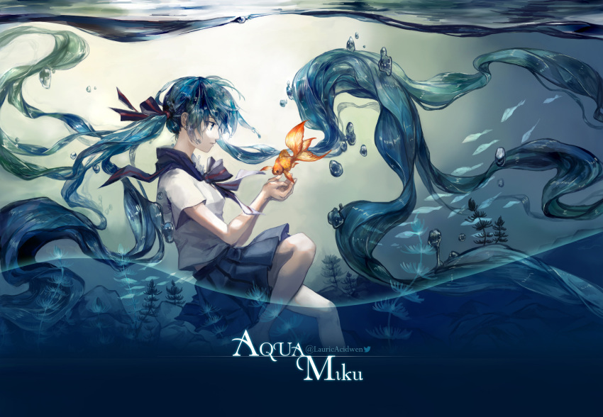 animal bottle_miku fish hatsune_miku long_hair oxalicacid school_uniform vocaloid water