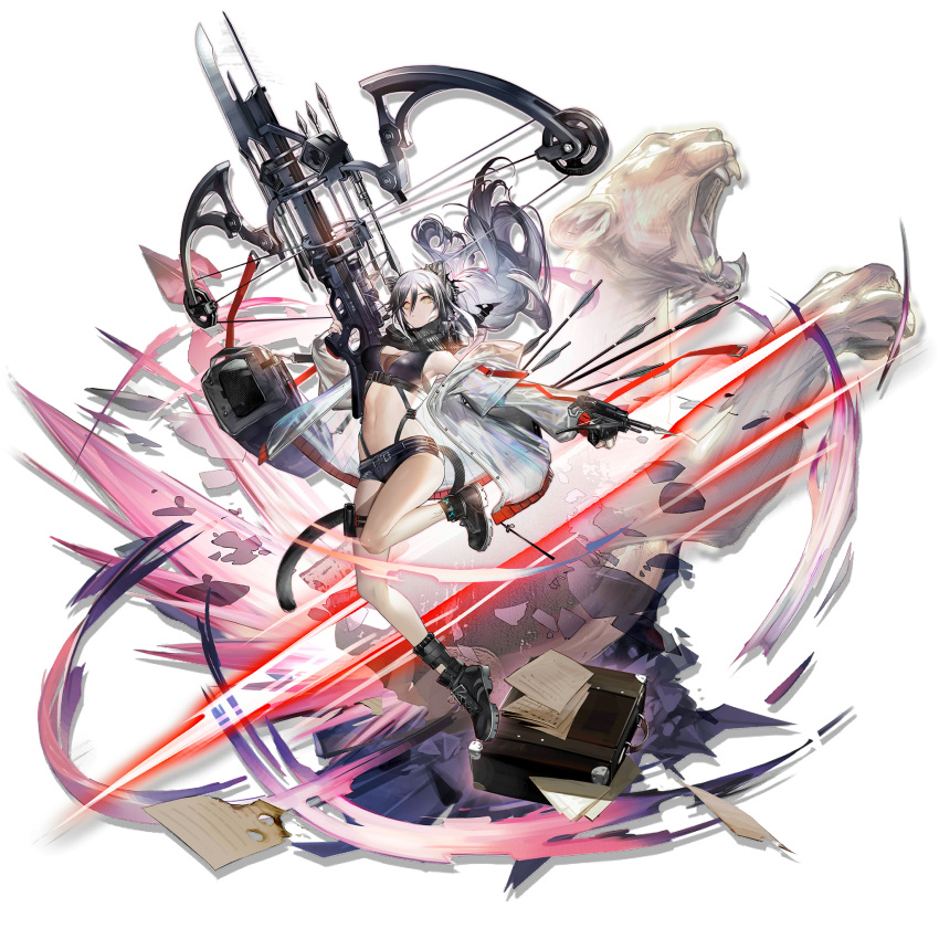 1girl animal_ear_fluff animal_ears arknights armpits arrow bag bare_legs bare_shoulders black_footwear black_hair black_shorts bow_(weapon) cat_ears cat_girl cat_tail closed_mouth coat crop_top crossbow duffel_bag elite_ii_(arknights) floating_hair full_body gradient_hair hair_between_eyes highres holding holding_weapon leg_up liduke long_hair long_sleeves looking_at_viewer micro_shorts midriff multicolored_hair navel off_shoulder official_art open_clothes open_coat paper ponytail pouch scarf schwarz_(arknights) shoes short_over_long_sleeves short_sleeves shorts shoulder_bag silver_hair sleeveless solo stomach suitcase tail thigh_strap thighs tiger transparent_background very_long_hair weapon white_coat yellow_eyes