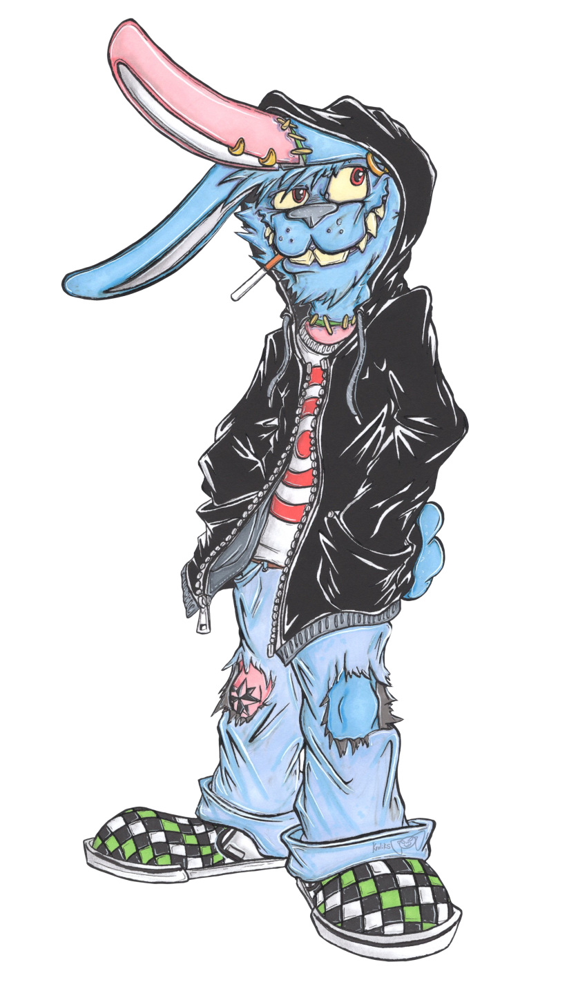 2019 absurd_res anthro blue_fur buckteeth cigarette clothed clothing damaged ear_piercing facial_hair fangs footwear front_view fur grin hare hi_res hodgepodge_(krolik) hoodie jacket krolik lagomorph leporid long_ears male mammal markings piercing pink_fur portrait pose rabbit red_eyes scar sharp_teeth shoes signature smile smoking solo solo_focus standing stitch_(disambiguation) tattoo teeth topwear traditional_media_(artwork) undead zombie