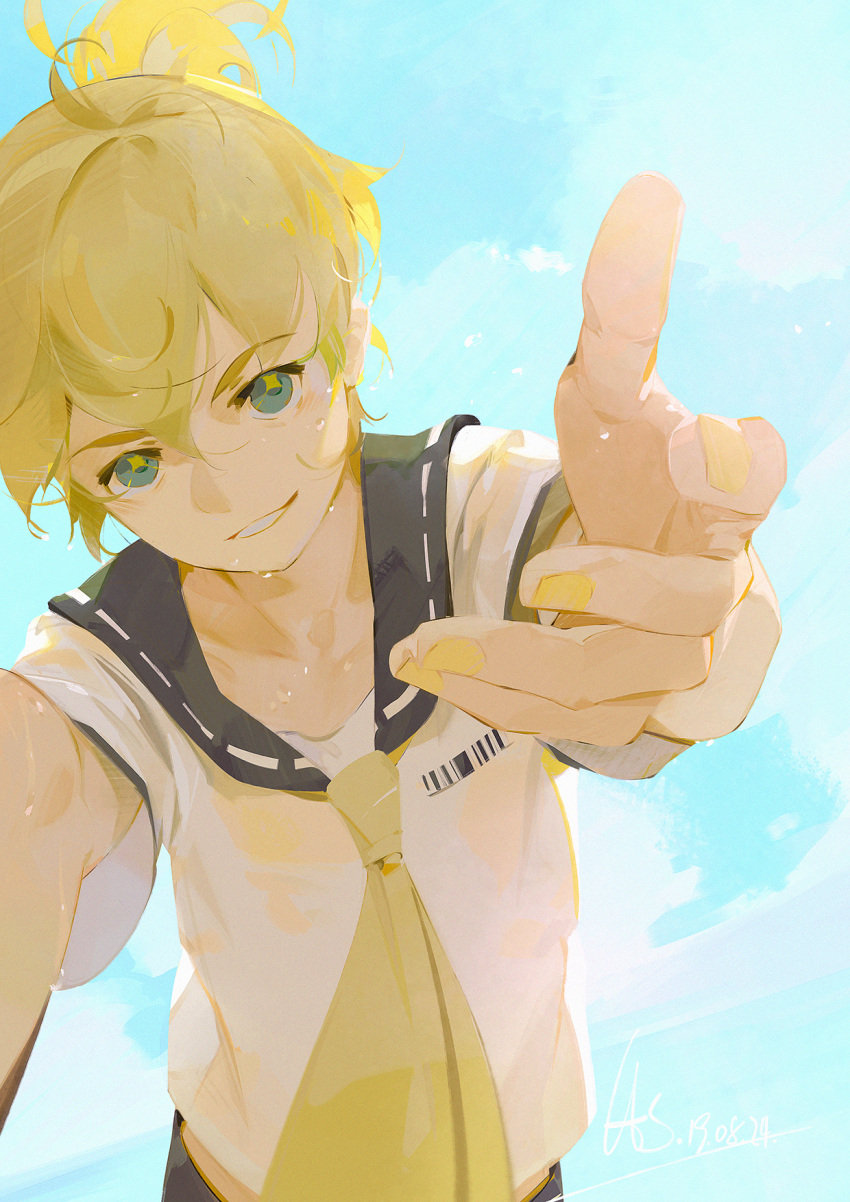 1boy a-shacho blonde_hair cloud commentary dated dutch_angle highres horizon kagamine_len leaning_forward looking_at_viewer male_focus ocean outstretched_hand shirt signature sky solo vocaloid water_drop wet wet_clothes wet_shirt yellow_nails