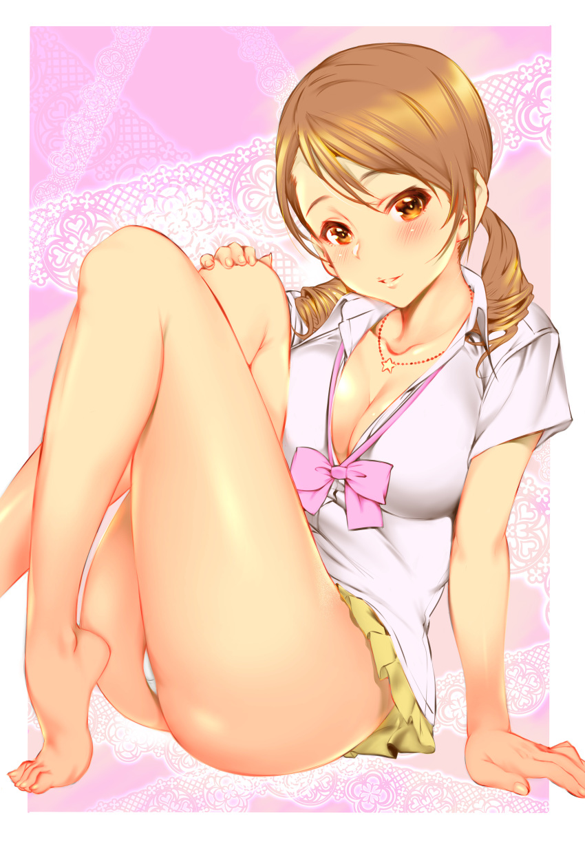 1girl absurdres ass bangs bare_legs barefoot blush bow bowtie breasts brown_hair cleavage collarbone drill_hair framed hand_on_own_knee highres houjou_karen idolmaster idolmaster_cinderella_girls idolmaster_cinderella_girls_starlight_stage jewelry knees_up lace_background looking_at_viewer loose_bowtie medium_breasts medium_hair necklace panties parted_lips pink_neckwear pleated_skirt shigaoka shirt short_sleeves sitting skirt smile solo star star_necklace thick_thighs thighs twin_drills underwear white_panties white_shirt yellow_eyes yellow_skirt
