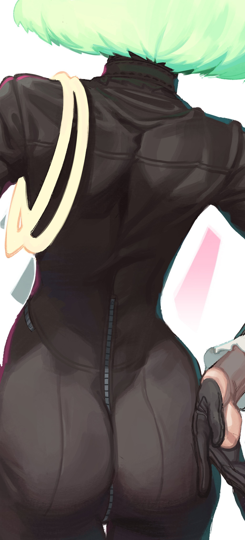 1boy absurdres ass back black_gloves bodysuit cropped frilled_sleeves frills from_behind glo-s-s gloves green_hair half_gloves hand_on_hip highres lio_fotia male_focus otoko_no_ko promare short_hair solo zipper