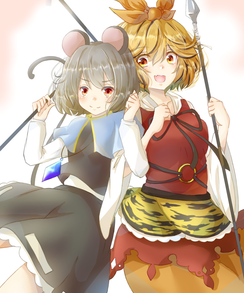 2girls absurdres animal_ears animal_print arms_up bangs bishamonten's_spear blonde_hair blue_capelet capelet dowsing_rod dress eyebrows_visible_through_hair fang gradient gradient_background grey_hair grey_skirt grey_vest gumi_(fwjn7284) hair_between_eyes hair_ornament highres holding holding_spear holding_weapon jewelry layered_dress leaning_back leaning_on_person long_sleeves looking_at_viewer mouse_ears mouse_tail multicolored_hair multiple_girls nazrin open_mouth orange_eyes pendant petticoat polearm red_eyes shirt short_hair skin_fang skirt smile spear streaked_hair swept_bangs tail tiger_print toramaru_shou touhou vest weapon white_background white_shirt