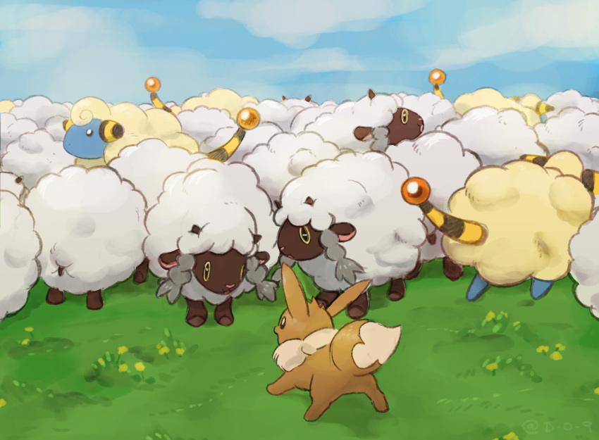 2019 all_fours ambiguous_gender barefoot bovid canid canine caprine cloud eevee feral flower fur grass group herd hi_res long_ears mammal mareep nintendo open_mouth opokemaniac outside pigtails plant pok&eacute;mon pok&eacute;mon_(species) sheep smile video_games wool_(disambiguation) wooloo
