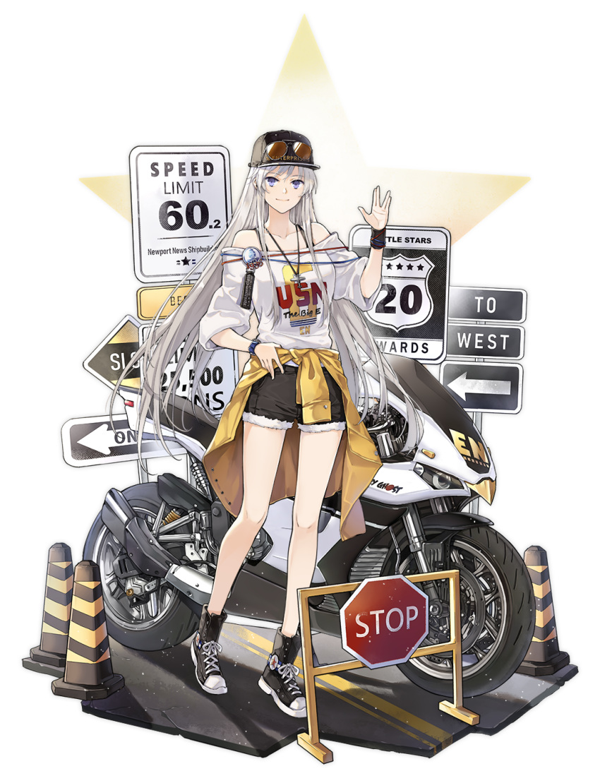 1girl alternate_costume azur_lane bare_legs baseball_cap black_footwear black_headwear black_shorts breasts closed_mouth clothes_around_waist clothes_writing collarbone directional_arrow enterprise_(azur_lane) eyewear_on_headwear full_body fur_trim ground_vehicle hand_up hao_(patinnko) hat highres jacket jacket_around_waist jewelry long_hair looking_at_viewer medium_breasts motor_vehicle motorcycle necklace off-shoulder_shirt off_shoulder official_art purple_eyes salute shirt shoes short_shorts shorts sidelocks sign silver_hair smile solo speed_limit_sign standing star star_trek stop_sign sunglasses sweatband tachi-e traffic_cone transparent_background very_long_hair vulcan_salute watch white_shirt wristwatch yellow_jacket