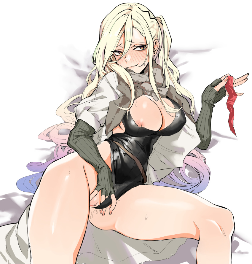 1girl a-91_(girls_frontine) ass banssee belt blonde_hair blush breasts cleavage condom_packet_strip condom_wrapper eyelashes fingerless_gloves girls_frontline gloves hair_between_eyes highres leotard long_hair lying nipple_slip nipples on_side pussy smile solo sweat uncensored very_long_hair yellow_eyes