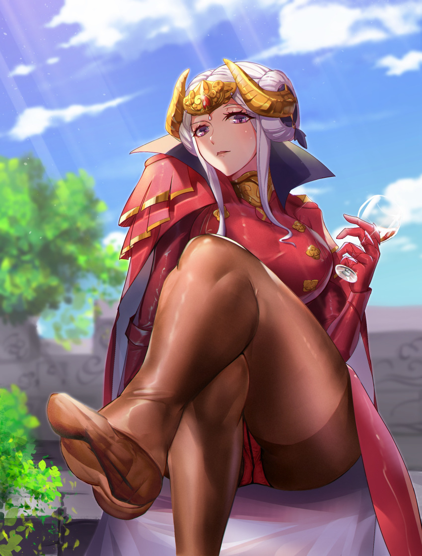 1girl absurdres alcohol ass blonde_hair blue_eyes breasts cape edelgard_von_hresvelg fire_emblem fire_emblem:_three_houses gloves hair_ornament highres lee_domino long_hair looking_at_viewer no_shoes panties panties_under_pantyhose pantyhose pantyshot red_cape simple_background soles solo underwear uniform upskirt wine