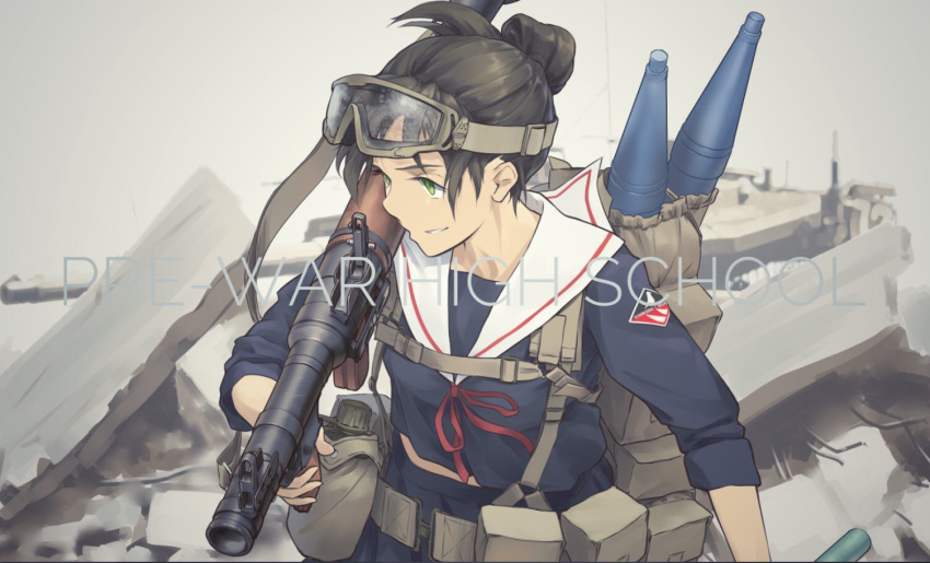 1girl bangs belt brown_hair canteen commentary debris emblem english_text goggles goggles_on_head green_eyes half_updo harness holding holding_weapon long_sleeves looking_to_the_side navy_blue_blouse neck_ribbon original pouch red_neckwear ribbon rocket_launcher rpg rpg-7 school_uniform serafuku short_hair sleeves_past_wrists smirk solo standing tantu_(tc1995) utility_belt weapon wind