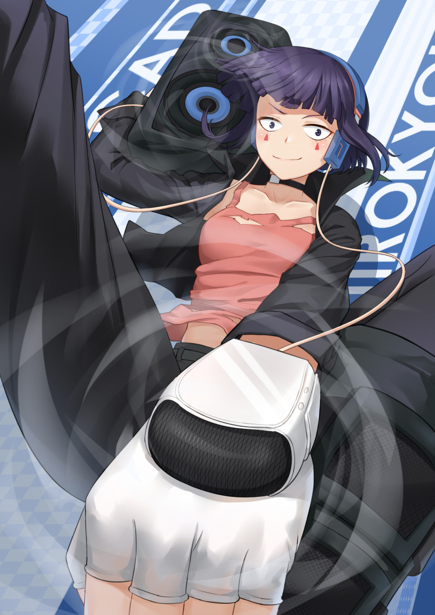 1girl anarchojs black_hair black_jacket black_pants boku_no_hero_academia breasts carrying commentary_request facial_mark fingerless_gloves foreshortening from_below gloves highres holding jacket jirou_kyouka looking_at_viewer music_box pants pink_shirt purple_hair shirt short_hair shoulder_carry small_breasts smile solo sound_wave speaker spread_legs torn_clothes torn_shirt white_gloves