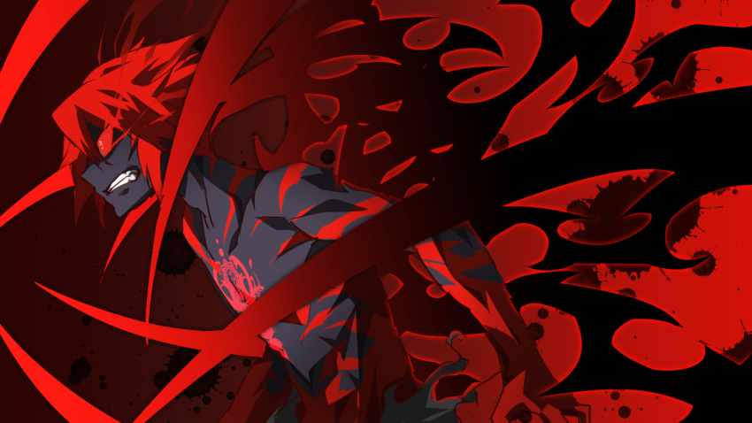 14sai14row 1boy angry black_skin blood blood_splatter caduceus chest_tattoo clenched_teeth dark_persona dies_irae fujii_ren highres red_background red_hair red_sclera red_skin spoilers tattoo teeth topless torn_clothes