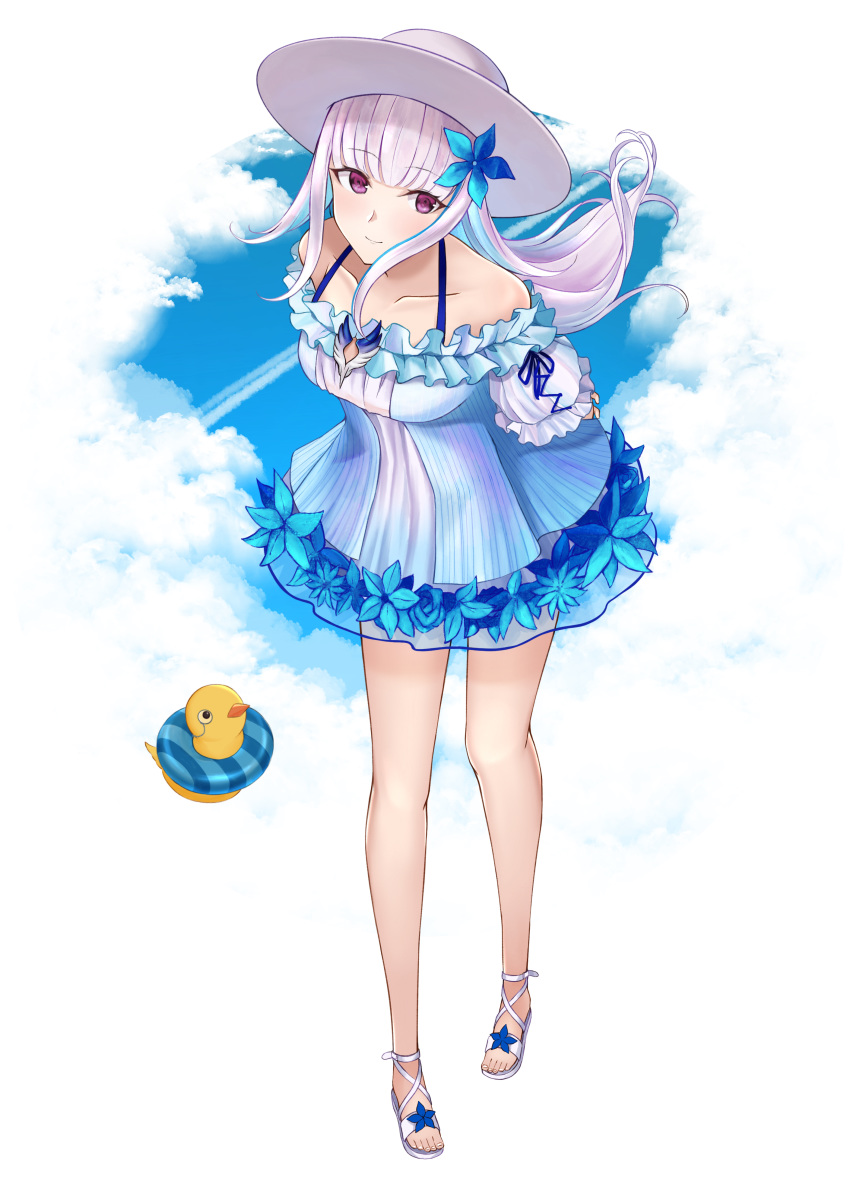 1girl absurdres arms_behind_back bare_legs bird blue_flower breasts cloud collarbone condensation_trail dress duck floating_hair flower full_body hair_flower hair_ornament hat highres innertube lize_helesta long_hair looking_at_viewer medium_breasts monocle multicolored_hair nijisanji numaguro_(tomokun0808) off-shoulder_dress off_shoulder purple_eyes sandals sebastian_piyodore sky smile solo sun_hat two-tone_hair virtual_youtuber white_hair white_headwear