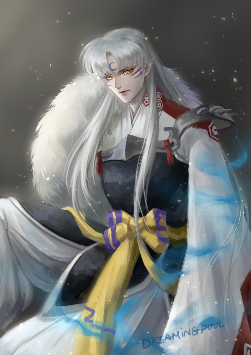 1boy absurdres artist_name dreamingpool facial_mark forehead_mark grey_background highres inuyasha japanese_clothes long_hair looking_at_viewer male_focus pointy_ears sesshoumaru sleeves_past_wrists very_long_hair whisker_markings white_hair yellow_eyes