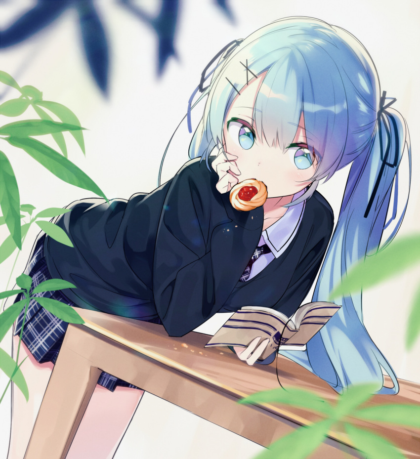 1girl blazer blue_eyes blue_hair book dutch_angle eyebrows_visible_through_hair hair_between_eyes hatsune_miku highres jacket leaning_forward long_hair mouth_hold necktie sama school_uniform skirt solo twintails vocaloid white_background