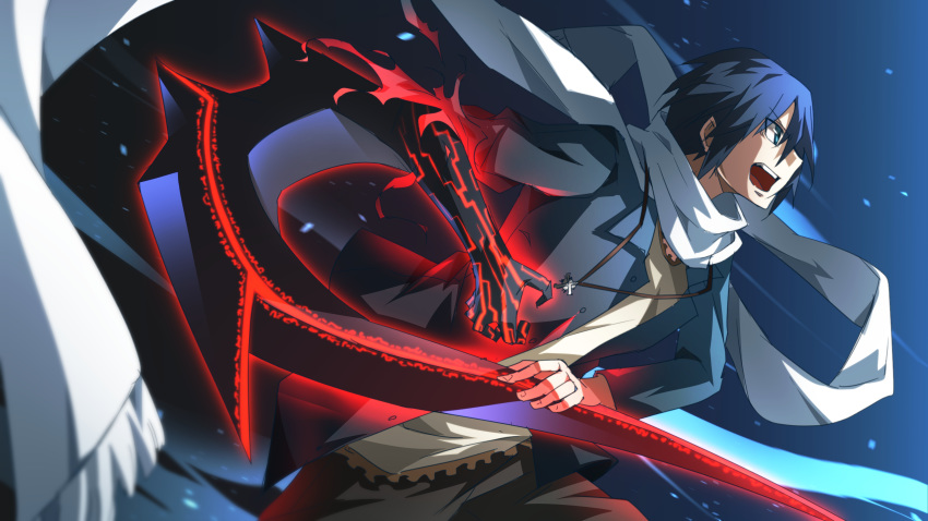 14sai14row 1boy arm_blade asymmetrical_arms blue_background blue_eyes blue_hair bois_de_justice commentary_request dies_irae eyebrows_visible_through_hair eyes_visible_through_hair fujii_ren hand_on_blade highres jacket jewelry necklace open_clothes open_jacket scarf torn_clothes upper_teeth weapon