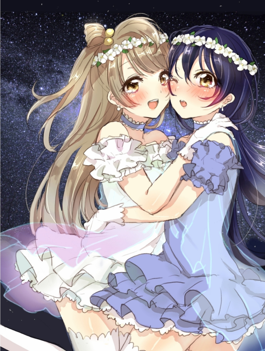 2girls aoi_chiruko bangs bare_shoulders blue_hair blush cheek-to-cheek choker commentary_request dress earrings eyebrows_visible_through_hair flower gloves hair_between_eyes hair_ornament hands_on_another's_shoulders head_wreath highres jewelry long_hair looking_at_viewer love_live! love_live!_school_idol_project minami_kotori multiple_girls one_eye_closed open_mouth smile sonoda_umi thighhighs white_gloves yellow_eyes yume_no_tobira