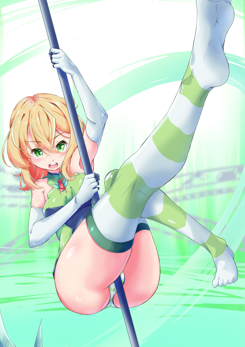 1girl absurdres akatsuki_kirika armpit_peek ass bare_shoulders blonde_hair blush breasts cameltoe elbow_gloves gloves green_eyes green_legwear green_panties green_skirt headgear_removed highres looking_at_viewer medium_breasts miniskirt open_mouth panties pole_dancing senki_zesshou_symphogear shiny shiny_clothes shiny_hair shiny_skin short_hair skirt solo striped striped_legwear striped_panties teeth thighhighs underwear upper_teeth user_xysx3722