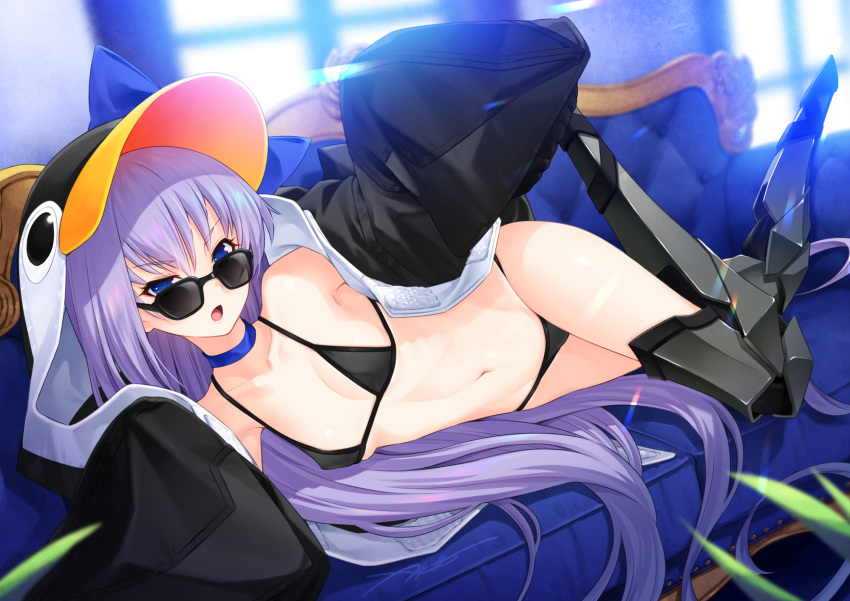 1girl animal_hood backlighting bangs bikini black_bikini black_jacket blue_bow blush bow breasts choker collarbone couch fate/grand_order fate_(series) greaves hair_between_eyes highres hood jacket kazuma_muramasa long_hair long_sleeves looking_at_viewer lying meltryllis meltryllis_(swimsuit_lancer)_(fate) navel on_side open_mouth penguin_hood purple_hair sleeves_past_fingers sleeves_past_wrists small_breasts smile solo sunglasses swimsuit thighs very_long_hair window