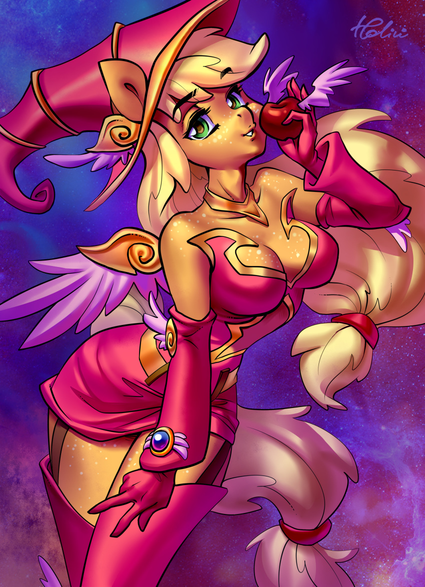 2019 5_fingers absurd_res accessory amethyst_(gem) anthro anthrofied apple applejack_(mlp) armwear blonde_hair breasts choker cleavage clothed clothing cosmic_background cosplay crossover curvy_figure dress earth_pony equid equine eyebrow_through_hair eyebrows eyelashes feathered_wings feathers female fingers fluffy fluffy_tail food freckles friendship_is_magic front_view fruit gem gesture glistening glistening_eyes gloves gold_(metal) gold_jewelry green_eyes hair hair_accessory hair_tie handwear hat headgear headwear hi_res holding_food holding_object holivi horse hourglass_figure humanoid_hands jewelry konami legwear light long_hair long_tail looking_aside looking_at_viewer magician makeup mammal mascara medium_breasts my_little_pony necklace orange_skin pinup plant pony portrait pose prick_ears red_apple red_armwear red_clothing red_dress red_gloves red_hat red_headwear red_legwear shadow signature skimpy small_waist smile snout solo standing tailband teeth thigh_highs three-quarter_portrait translucent translucent_hair v_sign white_feathers wide_hips wings yellow_tail yu-gi-oh