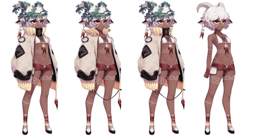 1girl animal_ears bangs bare_arms bare_shoulders bikini bikini_under_clothes breasts bridal_gauntlets brown_eyes closed_mouth commentary_request covered_mouth curled_horns dark_skin dev ear_piercing feathers goat_ears goat_horns hair_between_eyes highres hooves jacket long_sleeves micro_shorts multiple_views navel open_clothes open_fly open_jacket open_shorts original piercing puffy_long_sleeves puffy_sleeves red_feathers red_shorts shorts simple_background sleeves_past_fingers sleeves_past_wrists small_breasts standing swimsuit white_background white_bikini white_hair white_jacket