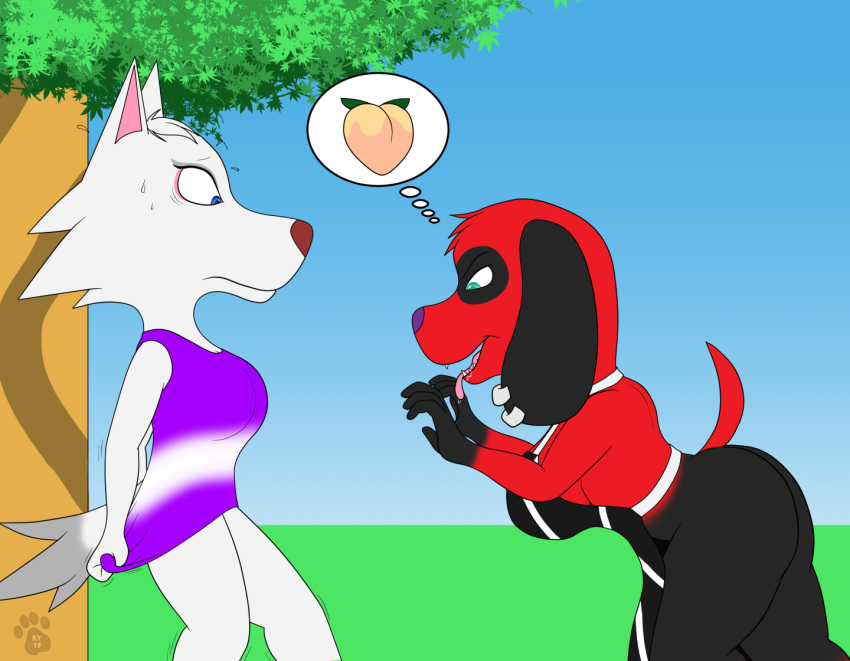 2019 animal_crossing anthro apron apron_only big_breasts black_fur bodily_fluids bottomless breast_size_difference breasts butt canid canine canis cherry_(animal_crossing) clothed clothing covering covering_self day digital_media_(artwork) dipstick_tail domestic_dog drooling duo ear_piercing female flying_sweatdrops food fruit fur green_eyes grey_fur ky_(malamute) long_ears mammal mostly_nude multicolored_tail nervous nintendo open_mouth outside peach_(fruit) piercing plant prick_ears purple_nose red_fur red_nose saliva shaking shirt shirt_only short_stack simple_background suggestive sweat sweatdrop thought_bubble tongue tongue_out topwear tree video_games white_fur whitney_(animal_crossing) wide_eyed wolf