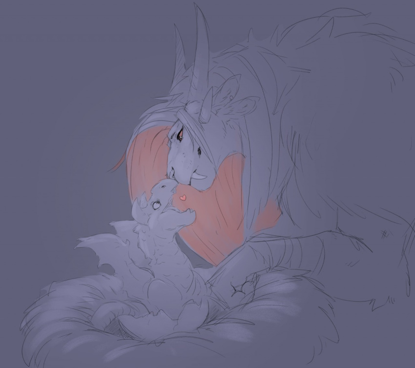 ambiguous_gender baby charr dagos dragon duo egg fangs felid female guild_wars hair horn mammal membrane_(anatomy) membranous_wings multi_ear nuzzling open_mouth sketch smile video_games wings young
