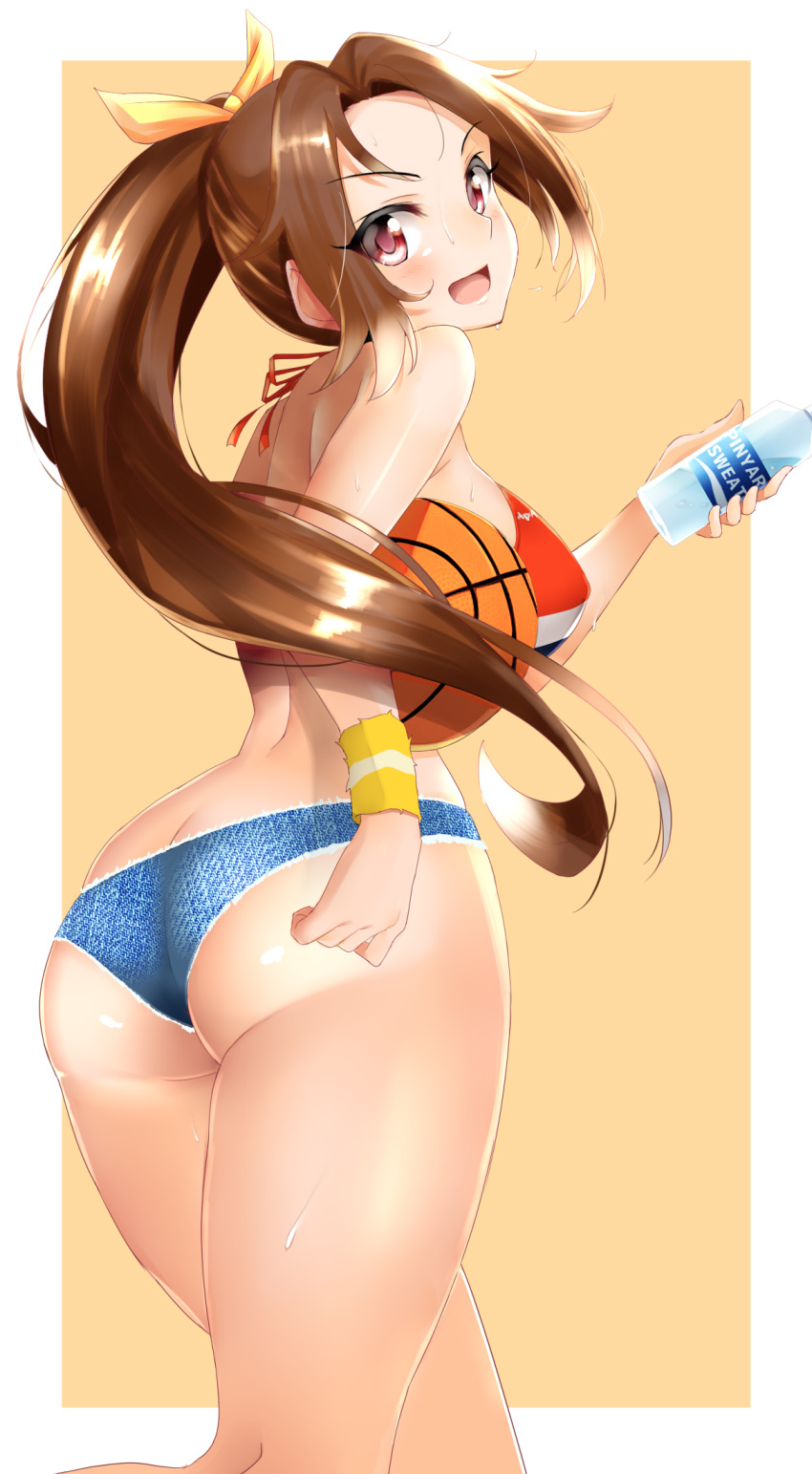 1girl :d aino_nagisa ass bangs bare_shoulders blush breasts brown_eyes brown_hair covered_nipples denim denim_shorts eyebrows_visible_through_hair hair_ribbon highres idolmaster idolmaster_cinderella_girls kneepits kon5283 long_hair long_ponytail looking_at_viewer looking_back medium_breasts micro_shorts open_mouth parted_bangs ponytail ribbon shiny shiny_skin shorts smile solo sweat sweatband thighs very_long_hair yellow_ribbon