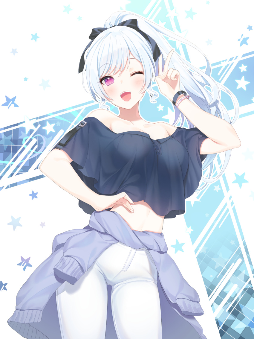 1girl ;d a20_(atsumaru) bare_shoulders black_bow black_shirt blush bow breasts clothes_around_waist collarbone commission crop_top hair_bow hand_on_hip hand_up head_tilt high_ponytail highres jacket jacket_around_waist long_hair medium_breasts midriff off-shoulder_shirt off_shoulder one_eye_closed open_mouth original pants ponytail purple_jacket shirt silver_hair smile solo star starry_background upper_teeth v very_long_hair white_pants