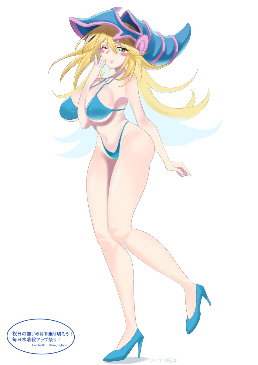 1girl absurdres arm_between_breasts bare_arms bare_shoulders between_breasts bikini blonde_hair blue_bikini blue_footwear blue_headwear blush_stickers breasts cleavage dark_magician_girl duel_monster full_body green_eyes hand_up hat high_heels highleg highleg_bikini highres large_breasts leg_up legs long_hair mi_mi_ham navel one_eye_closed shoes simple_background solo standing standing_on_one_leg swimsuit thighs twitter_username underboob white_background wizard_hat yuu-gi-ou yuu-gi-ou_duel_monsters