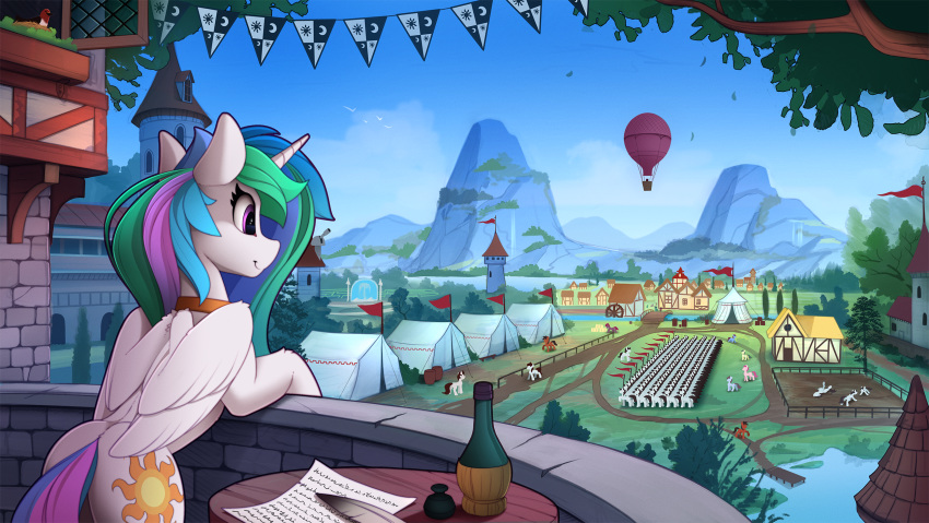 2019 aircraft balcony balloon bottle building castle cloud cutie_mark equid equine eyelashes feathered_wings feathers female feral friendship_is_magic hair hi_res horn hot_air_balloon loose_feather mammal multicolored_hair multicolored_tail my_little_pony paper princess_celestia_(mlp) purple_eyes quill scenery sky solo_focus stable table tent town waterfall winged_unicorn wings yakovlev-vad