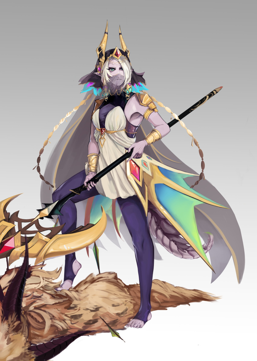 2019 absurd_res anthro biped breasts charaos clothed clothing female green_eyes grey_background hair headgear hi_res holding_object holding_weapon horn humanoid purple_scales queen_diana scales scalie sdorica sdorica_sunset simple_background solo veil weapon white_hair