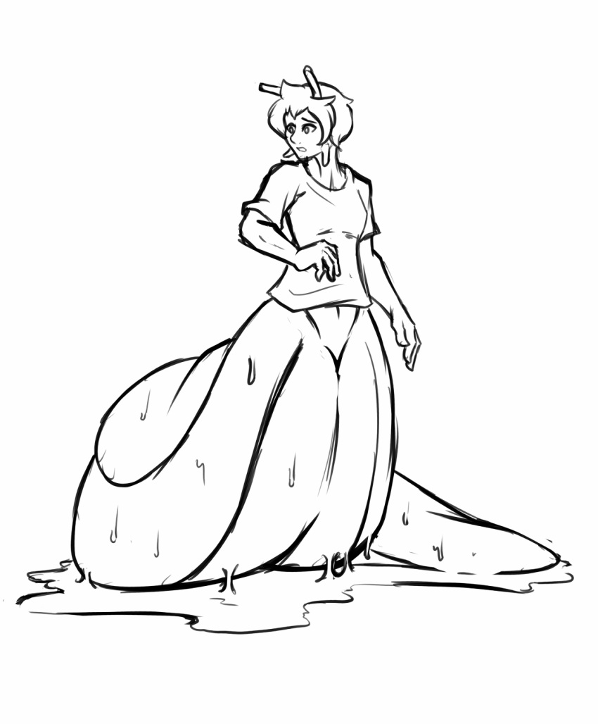 2019 biobasher breasts female gastropod gastropod_taur hair hi_res implied_transformation mollusk mollusk_taur monochrome navel open_mouth short_hair simple_background slug slug_taur solo surprise taur wet white_background