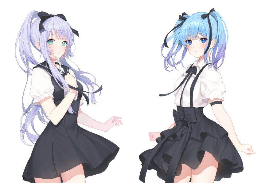 2girls a20_(atsumaru) black_bow black_dress black_sailor_collar black_skirt blue_eyes blue_hair blush bow breasts collared_shirt commission dress frilled_shirt frills gradient_hair green_eyes hair_bow hand_up high_ponytail highres long_hair multicolored_hair multiple_girls original parted_lips pleated_dress ponytail puffy_short_sleeves puffy_sleeves purple_hair sailor_collar sailor_dress shirt short_sleeves simple_background skirt sleeveless sleeveless_dress small_breasts twintails very_long_hair white_background white_shirt
