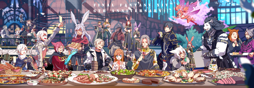 6+boys 6+girls absurdres ahoge alisaie_leveilleur alphinaud_leveilleur animal_ears ardbert_(warrior_of_darkness) au_ra black_hair black_mage blonde_hair blue_eyes blurry blurry_background brown_hair bunny_ears cat_ears cat_tail champagne_flute closed_eyes commentary_request crystal_exarch cup dark_knight_(final_fantasy) drinking_glass elbow_gloves elezen elf everyone facial_mark fairy_wings fangs feo_ul final_fantasy final_fantasy_xiv fingerless_gloves food furry glasses gloves goggles goggles_around_neck hat helmet highres hrothgar huge_filesize hyur indoors lalafell lili_mdoki long_hair looking_at_viewer lyna_(ff14) midriff miqo'te multiple_boys multiple_girls open_mouth orange_hair pointy_ears purple_hair red_hair roegadyn ryne short_hair silver_hair slit_pupils smile tail thancred_waters thighhighs twintails urianger_augurelt viera warrior_of_light white_hair wings y'shtola_rhul