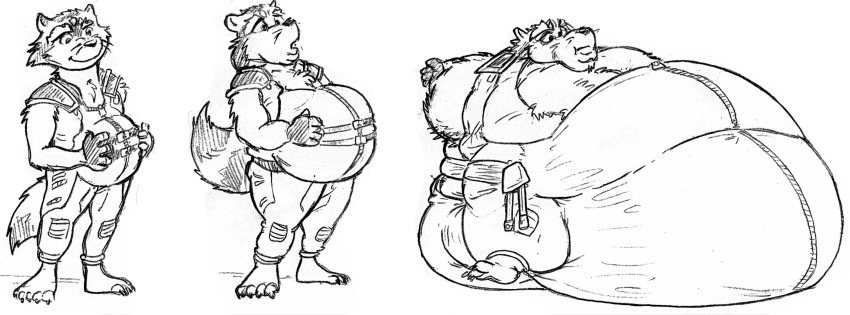 absurd_res anthro belly big_belly black_and_white claws clothed clothing double_chin fur guardians_of_the_galaxy hand_on_stomach hi_res hyper hyper_belly male mammal marvel monochrome moobs morbidly_obese obese obese_male open_mouth overweight overweight_male procyonid raccoon rocket_raccoon sequence simple_background slightly_chubby smile solo surprise tight_clothing toe_claws weight_gain white_background wide_hips xinjinmeng