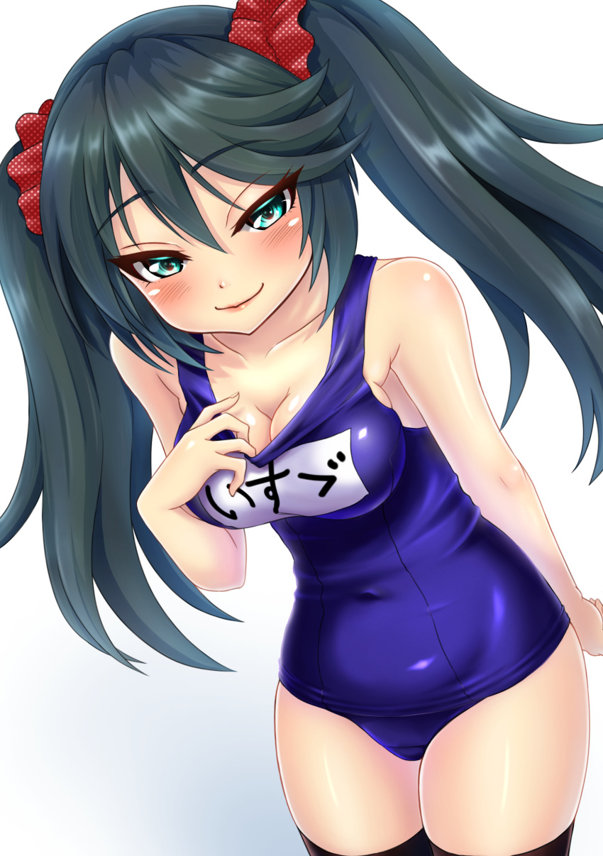 1girl absurdres black_hair black_legwear blue_swimsuit breasts character_name cleavage commentary_request cowboy_shot green_eyes hair_ornament hair_scrunchie highres isuzu_(kantai_collection) kantai_collection long_hair looking_at_viewer makura_(user_jpmm5733) name_tag polka_dot polka_dot_scrunchie red_scrunchie school_swimsuit scrunchie simple_background small_breasts smile solo standing swimsuit thighhighs twintails white_background