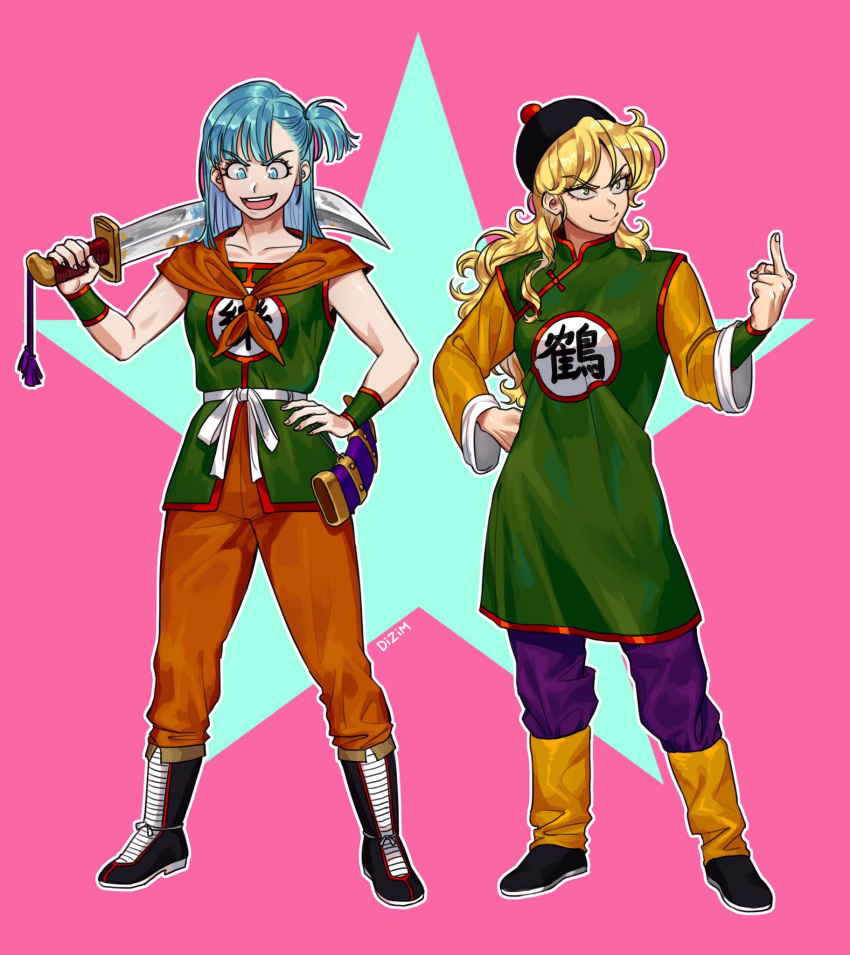 2girls aqua_eyes aqua_hair artist_name black_footwear blonde_hair boots bulma chinese_clothes cosplay dizim dragon_ball dragon_ball_(classic) hand_on_hip hat highres lunch_(dragon_ball) middle_finger multiple_girls one_side_up open_mouth outline sheath signature smile sword tenshinhan tenshinhan_(cosplay) wavy_hair weapon wristband yamcha yamcha_(cosplay) yellow_eyes