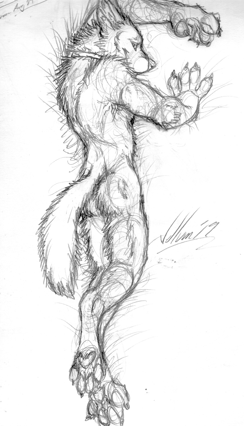 absurd_res anthro canid canine canis collar coyote hi_res looking_at_viewer ludicrous_res mammal nude smile solo traditional_media_(artwork) tuuwa vellum