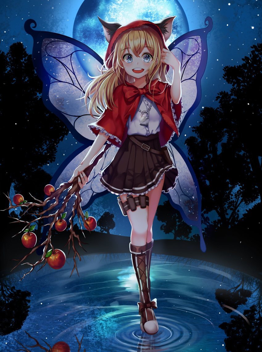 1girl absurdres apple black_skirt blonde_hair blue_eyes boots bow brown_footwear butterfly_wings capelet chain commentary_request eyebrows_visible_through_hair food fruit full_moon gongha hair_between_eyes highres holding huge_filesize little_red_riding_hood lock long_hair moon night night_sky on_water original outdoors red_bow red_capelet red_hood shirt shoe_bow shoes skirt sky smile solo tree white_shirt wings