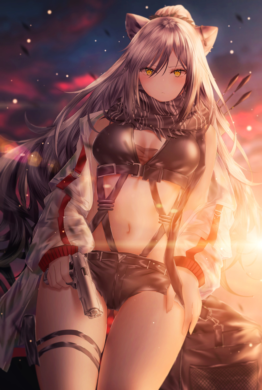 1girl absurdres animal_ears arknights arrow ass_visible_through_thighs bag bangs bare_shoulders belt black_shorts blurry breasts cat_ears cleavage commentary_request cowboy_shot crop_top duffel_bag frown gun handgun highres holding holding_gun holding_weapon jacket junpaku_karen large_breasts lens_flare long_hair long_sleeves looking_at_viewer midriff navel off_shoulder open_clothes open_jacket outdoors pistol ponytail pouch scarf schwarz_(arknights) see-through short_shorts shorts silver_hair sleeveless solo standing sunlight sunset thigh_strap thighs v-shaped_eyebrows very_long_hair wavy_hair weapon white_jacket yellow_eyes