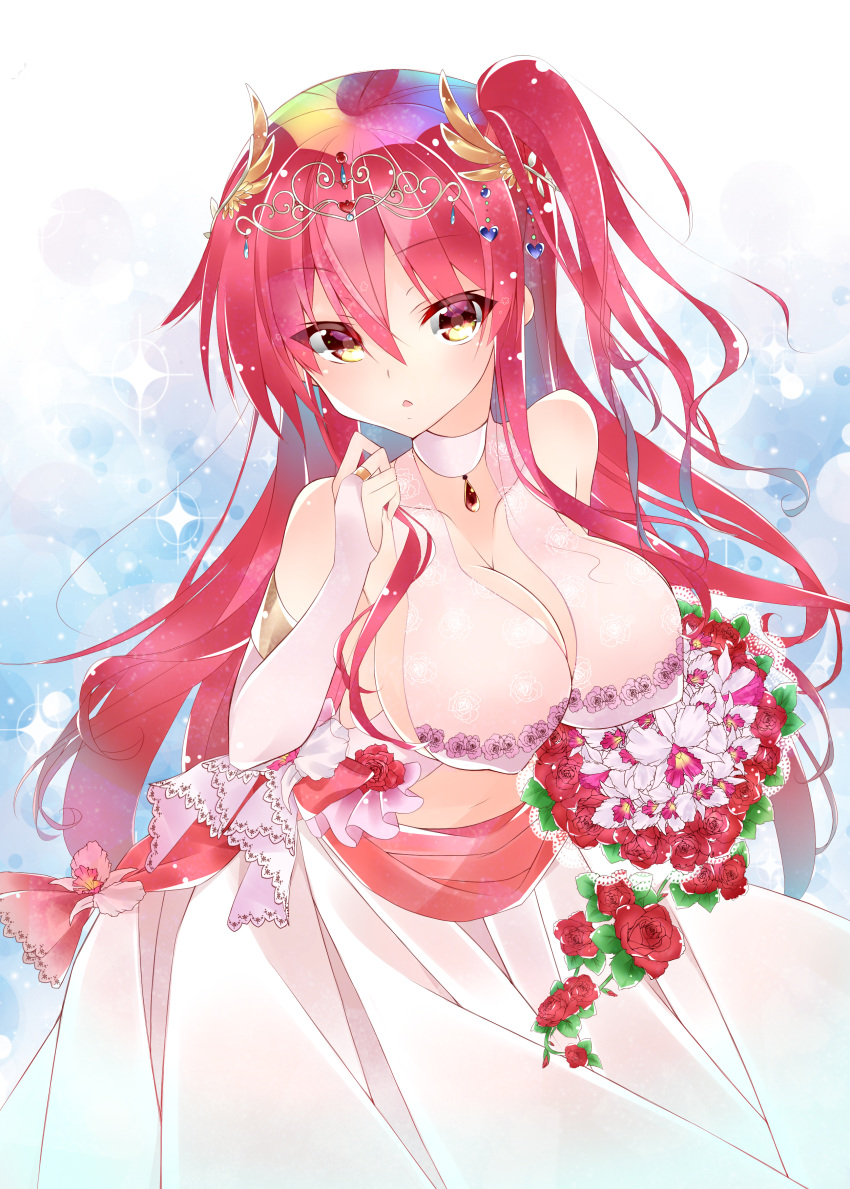 1girl absurdres blue_background bouquet breasts bridal_gauntlets bride cattleya_(flower_knight_girl) choker cleavage cowboy_shot dress flower flower_knight_girl highres holding holding_bouquet lace large_breasts long_hair looking_at_viewer mairo_(mairo029) multicolored_hair red_flower red_hair red_rose rose side_ponytail solo standing tiara wedding_dress white_dress white_neckwear yellow_eyes
