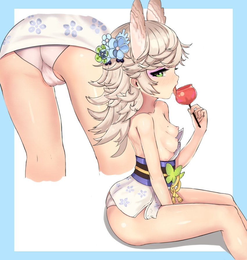 1girl animal_ears areolae ass azur_lane bangs bare_arms bare_legs bare_shoulders blush breasts butterfly_ornament cameltoe candy_apple collarbone commentary_request eating flower food from_below from_side green_eyes grey_hair hair_flower hair_ornament highres japanese_clothes kimono kitakaze_(azur_lane) licking looking_at_viewer medium_hair mole mole_on_breast monushi mtu_virus nipples obi panties pantyshot sash shiny shiny_skin sidelocks small_breasts thighs tongue tongue_out underwear yukata