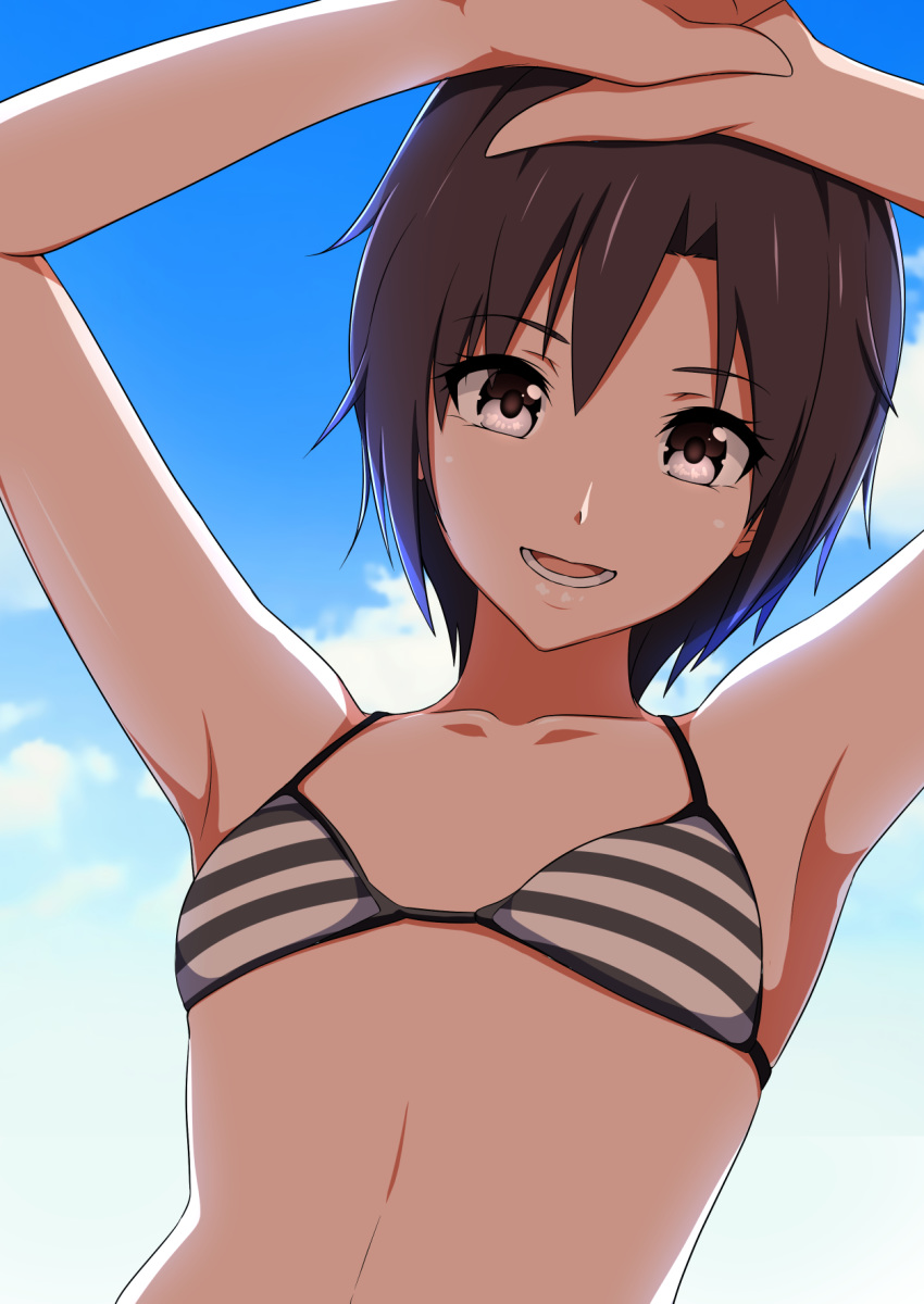 1girl armpits arms_up bangs bikini black_bikini black_eyes black_hair cloud collarbone flat_chest highres idolmaster idolmaster_(classic) jabara_tornado kikuchi_makoto looking_at_viewer shiny shiny_hair short_hair sky smile solo striped striped_bikini swimsuit two-tone_bikini upper_body white_bikini