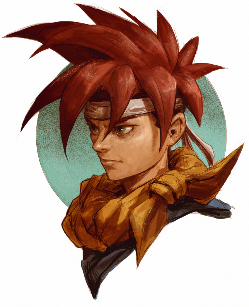 1boy chrono_trigger crono dave_rapoza face green_eyes headband highres male_focus portrait profile red_hair solo spiked_hair